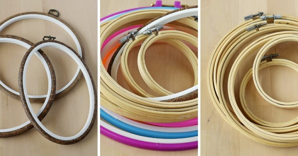 Embroidery hoops of different sizes and materials