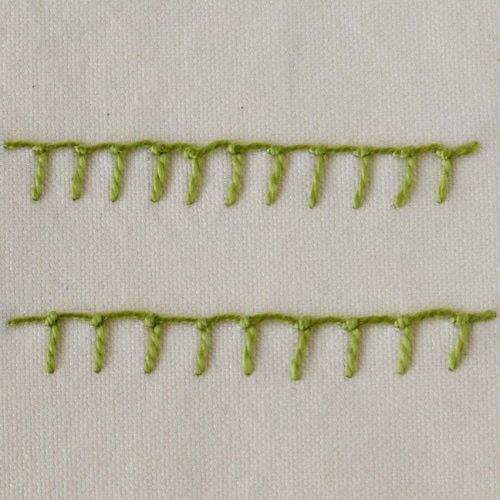 BerwickStitch front view - hand embroidery with green pearl cotton on white cotton fabric