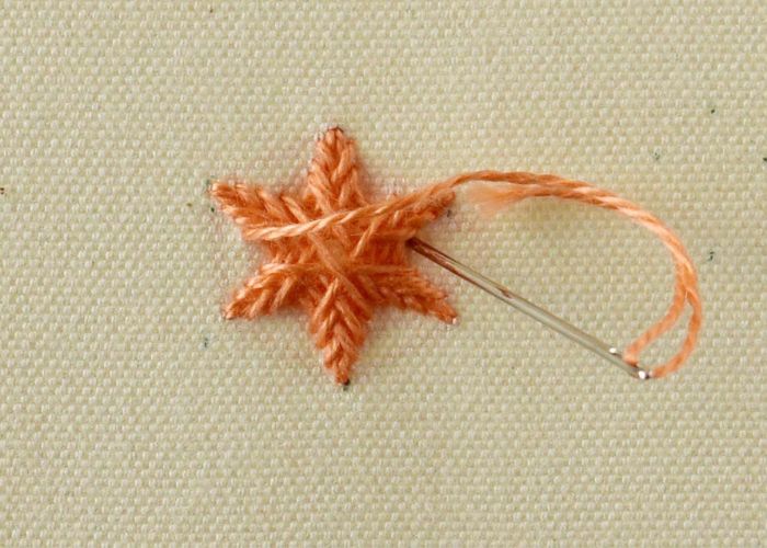 quattro giri di punti diritti con il filo di cotone perlato arancione